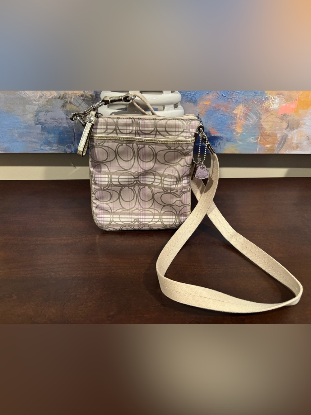 Coach Poppy Signature Tartan Plaid Crossbody Bag Lilac and Metallic Gold